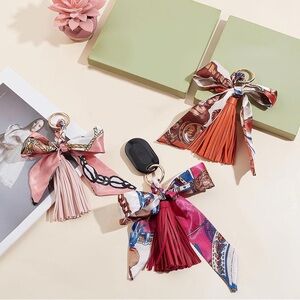 Elegant Silk Scarf Bow Leather Tassel Keychain Bag Charm